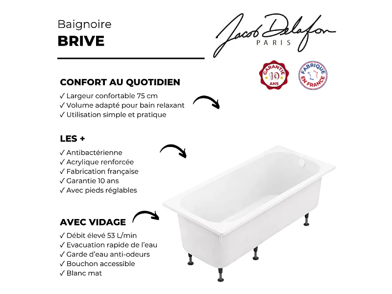 Baignoire droite 170 X 75 JACOB DELAFON Brive avec vidage blanc