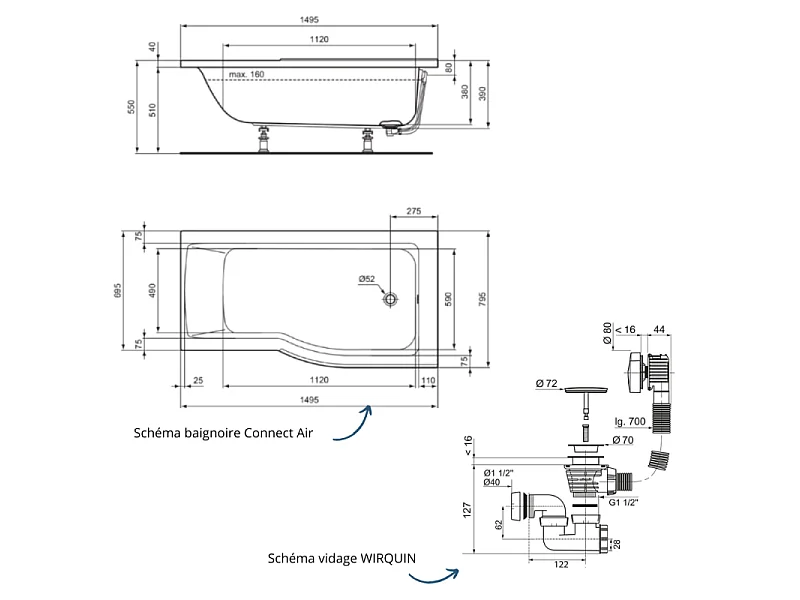 Baignoire bain douche 150 x 80 cm droite IDEAL STANDARD Connect Air + vidage Doré