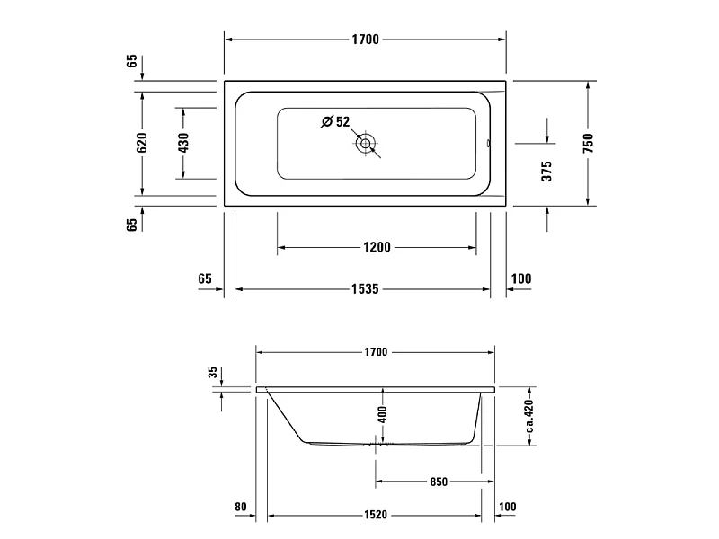 Baignoire droite 170 X 75 DURAVIT D-Code acrylique bonde au centre + vidage doré