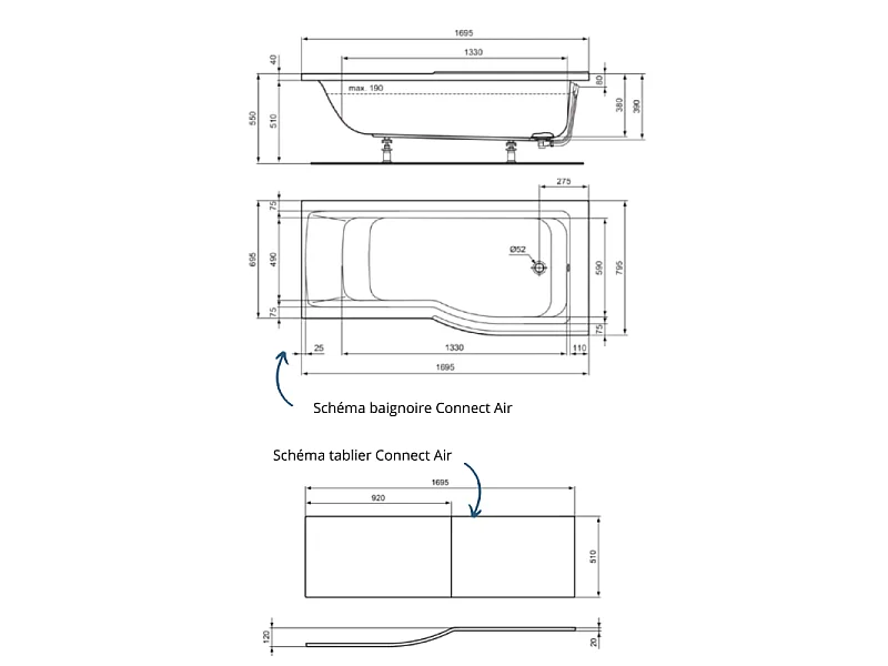 Baignoire bain douche 170 x 80 cm droite IDEAL STANDARD Connect Air + tablier