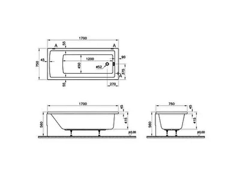 Baignoire rectangulaire VitrA Neon 170x75cm + Pare bain gauche AURYS Mist 1 chromé profilé gauche + vidage chromé
