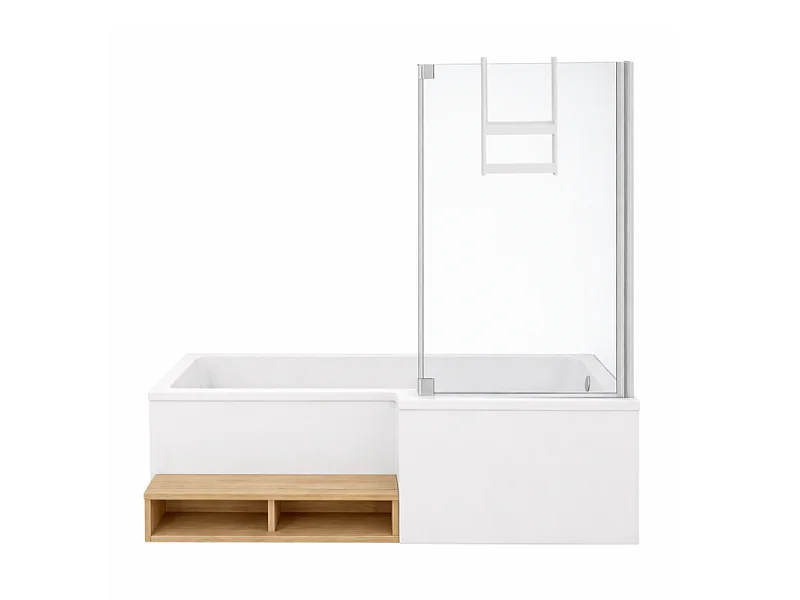 Pack baignoire bain douche antidérapante 150 x 80 JACOB DELAFON Neo version droite + pare bain chromé + tablier en niche
