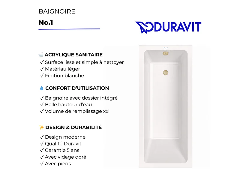 Baignoire droite 180 X 80 DURAVIT Duravit No.1 + vidage doré