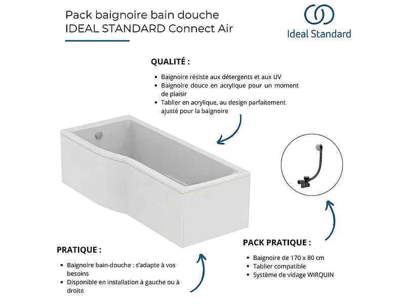 Baignoire bain douche 170 x 80 cm droite IDEAL STANDARD Connect Air + tablier + vidage Doré