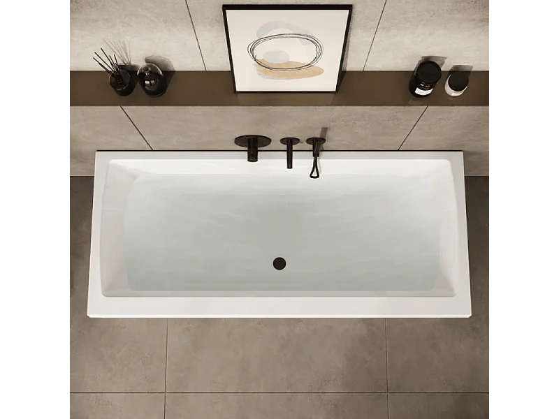 Baignoire droite rectangulaire 180x80cm avec pieds VITRA Neon blanc + Vidage WIRQUIN volet et clapet Noir mat/Black Touch