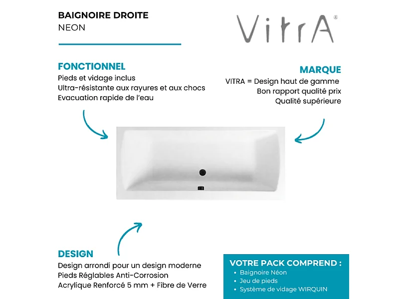 Baignoire droite rectangulaire 180x80cm avec pieds VITRA Neon blanc + Vidage WIRQUIN volet et clapet Noir mat/Black Touch