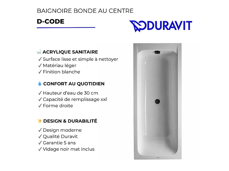 Baignoire droite 170 X 75 DURAVIT D-Code acrylique bonde au centre + vidage noir mat