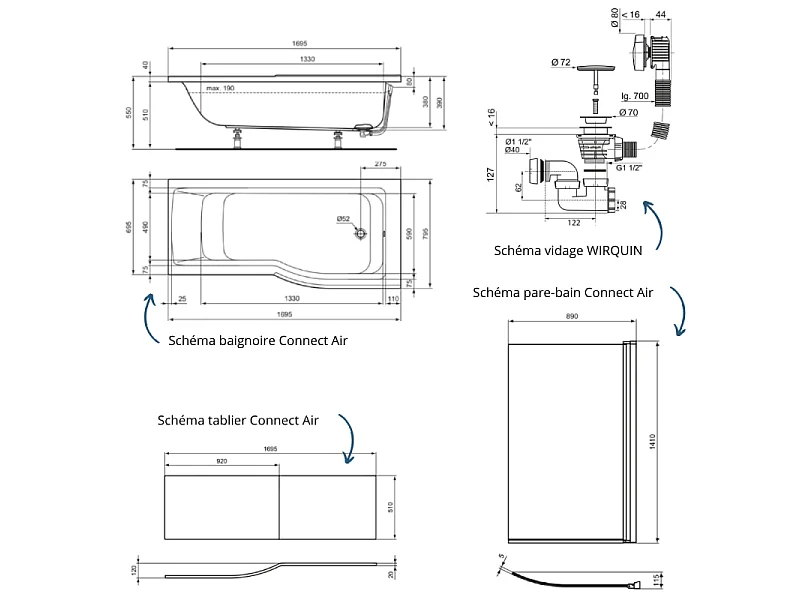 Pack baignoire bain douche 170 x 80 cm droite IDEAL STANDARD Connect Air + tablier + pare bain fixe  + pieds + vidage Doré