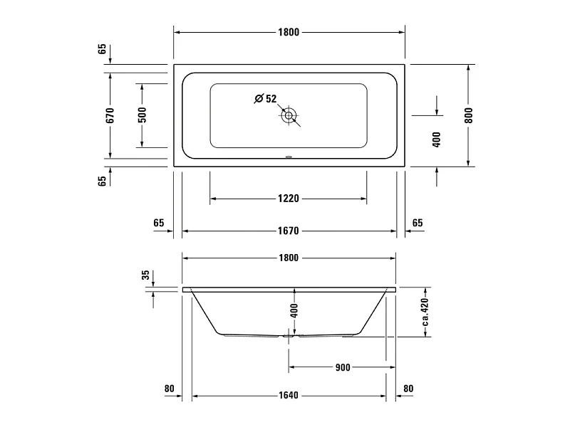 Baignoire droite 180 X 80 DURAVIT D-Code acrylique bonde au centre + vidage blanc