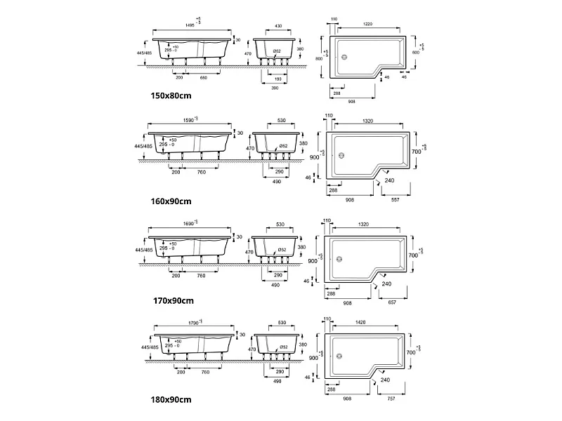 Pack baignoire bain douche 150 x 80 JACOB DELAFON Neo version gauche + tablier en niche