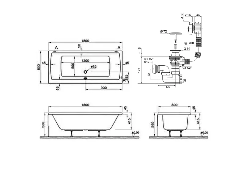 Baignoire droite rectangulaire 170x75cm avec pieds VITRA Neon blanc + Vidage WIRQUIN volet et clapet Doré