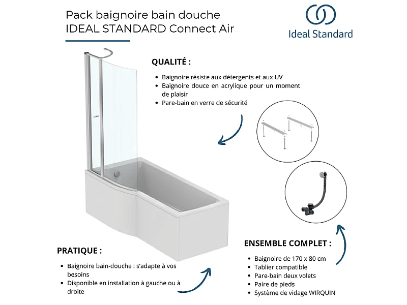 Pack baignoire bain douche 170 x 80 cm droite IDEAL STANDARD Connect Air + tablier + pare bain avec volet  + pieds + vidage Blanc