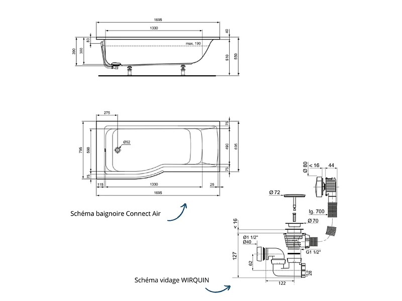 Baignoire bain douche 170 x 80 cm gauche IDEAL STANDARD Connect Air + vidage Chromé