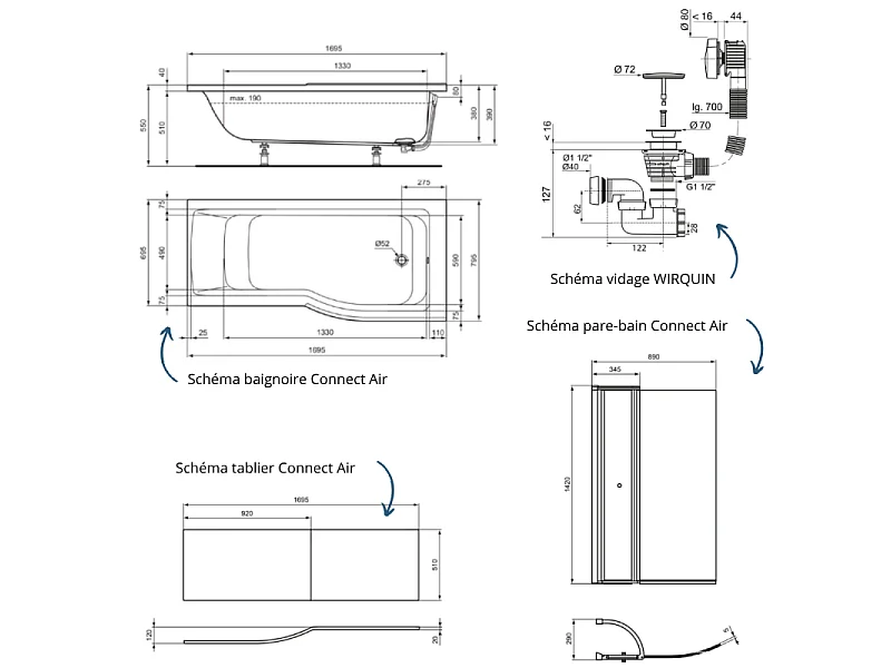 Pack baignoire bain douche 170 x 80 cm droite IDEAL STANDARD Connect Air + tablier + pare bain avec volet  + pieds + vidage Doré