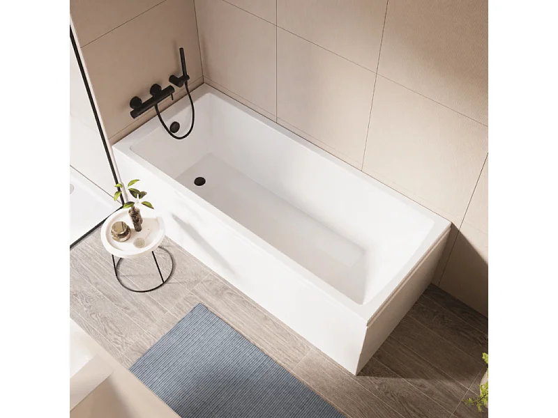 Baignoire droite rectangulaire 170x75cm avec pieds VITRA Neon blanc + Vidage WIRQUIN volet et clapet Noir mat/Black Touch