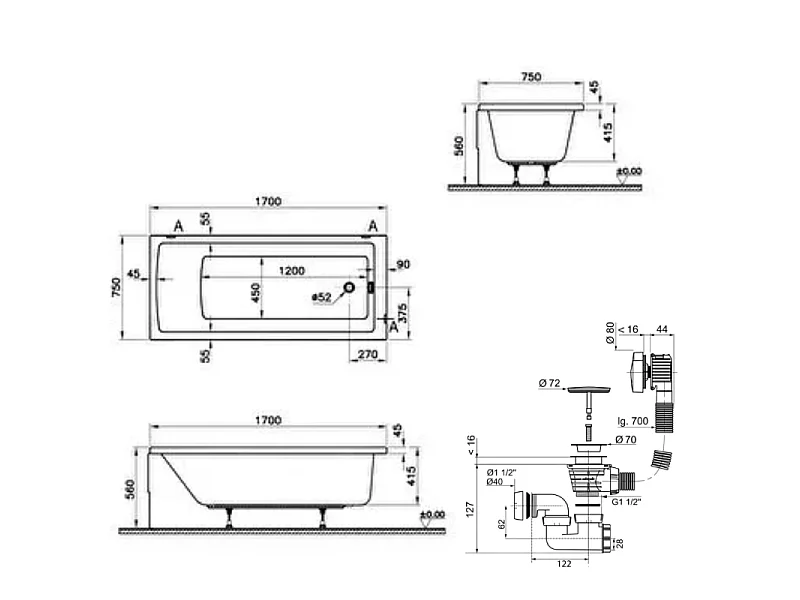 Baignoire droite rectangulaire 170x75cm avec pieds VITRA Neon blanc + Vidage WIRQUIN volet et clapet Noir mat/Black Touch