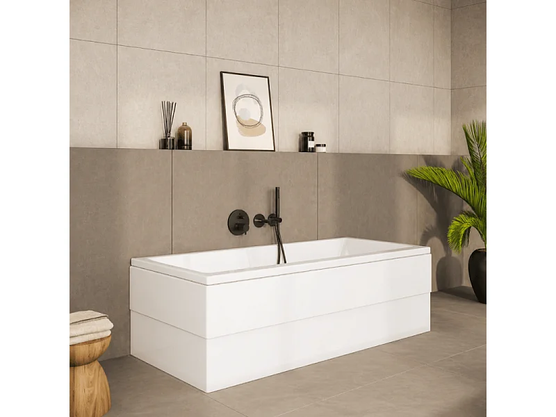 Baignoire droite rectangulaire 170x75cm avec pieds VITRA Neon blanc + Vidage WIRQUIN volet et clapet Noir mat/Black Touch