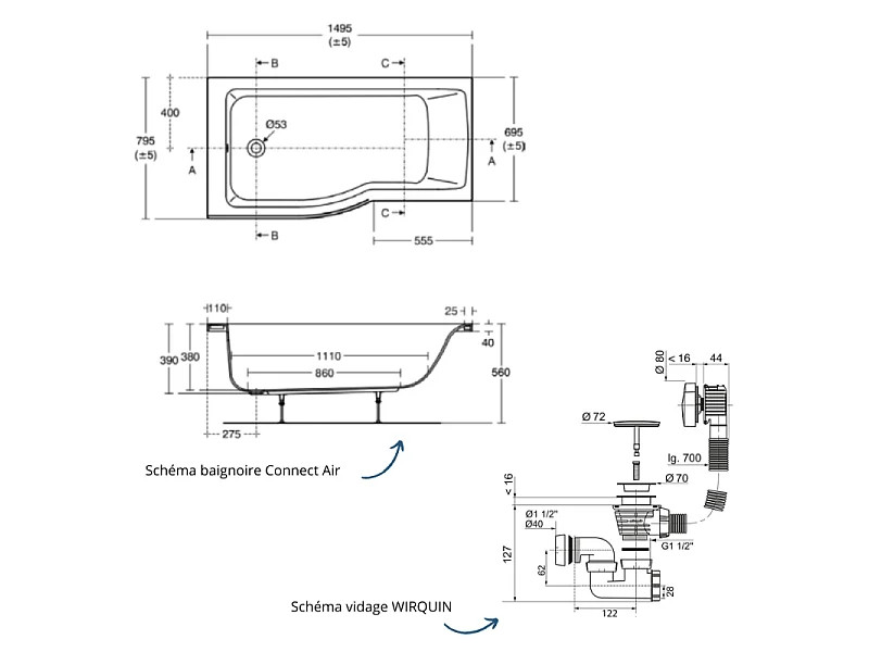 Baignoire bain douche 150 x 80 cm gauche IDEAL STANDARD Connect Air + vidage Doré