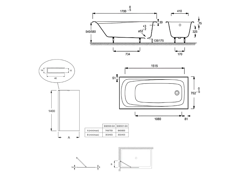 Pack baignoire droite 170 X 75 JACOB DELAFON Brive + pare bain avec vidage chromé