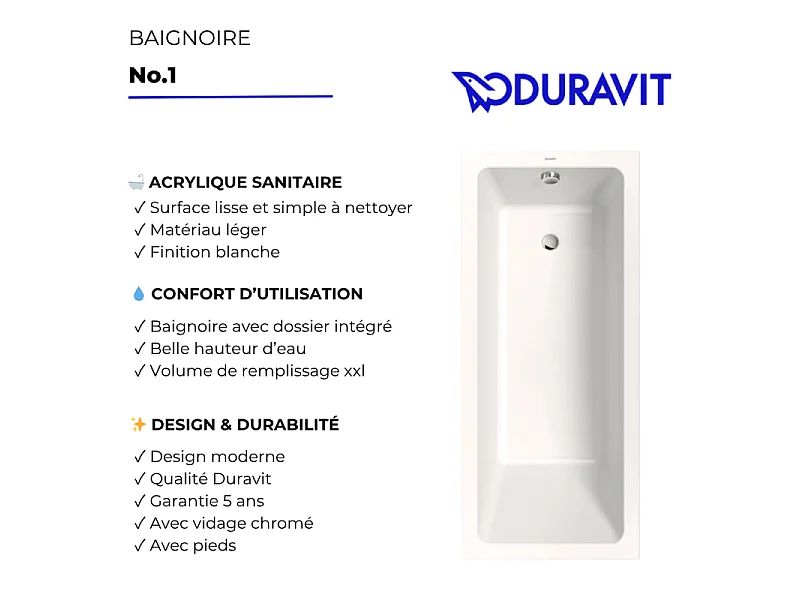 Baignoire droite 180 X 80 DURAVIT Duravit No.1 + vidage chromé