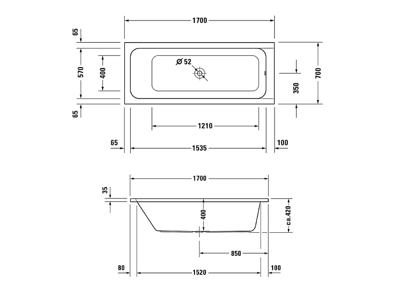 Baignoire droite 170 X 70 DURAVIT D-Code acrylique bonde au centre + vidage chromé