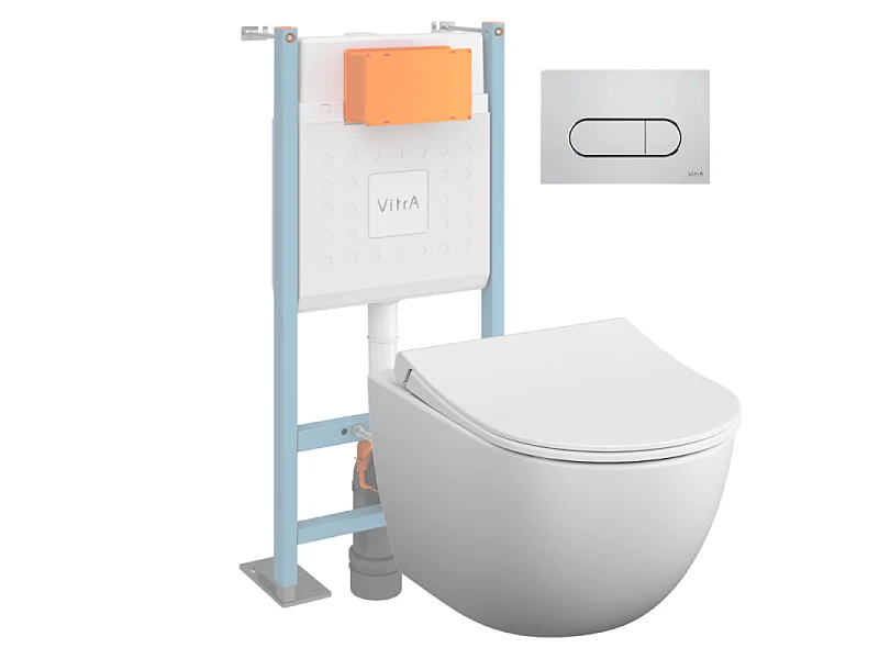 Pack WC suspendu VitrA Sento blanc mat + bâti autoportant V-Fix Core + Plaque Round chromé