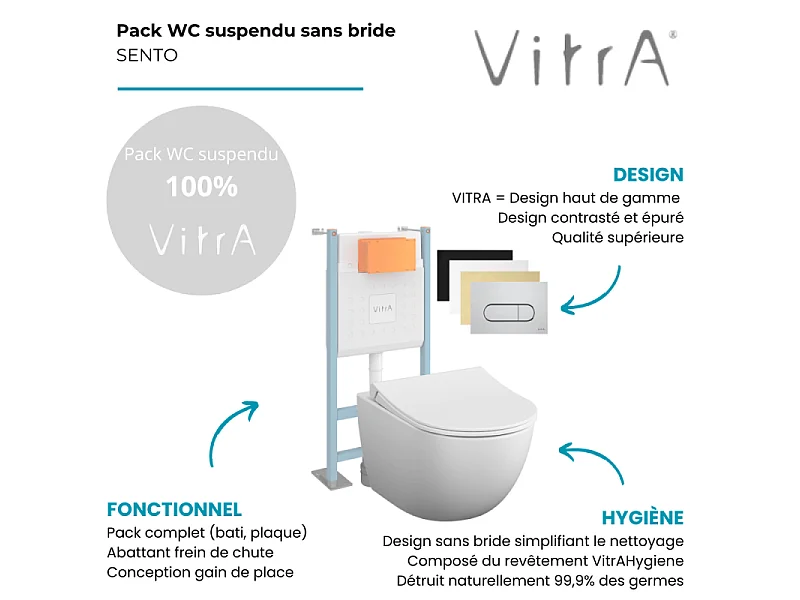 Pack WC suspendu VitrA Sento blanc mat + bâti autoportant V-Fix Core + Plaque Round chromé