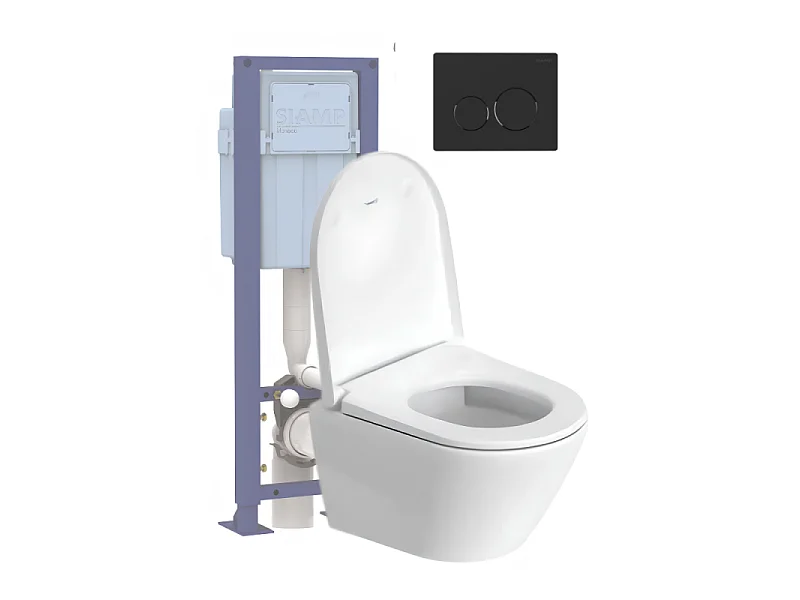Pack cuvette WC suspendu sans bride compact DURAVIT D-NEO + abattant frein de chute + bâti-support SIAMP + plaque noire