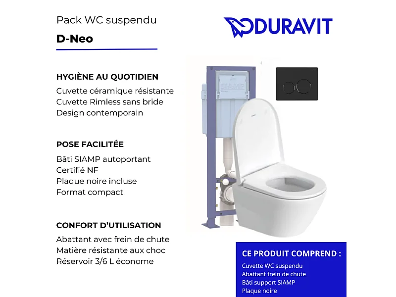 Pack cuvette WC suspendu sans bride compact DURAVIT D-NEO + abattant frein de chute + bâti-support SIAMP + plaque noire