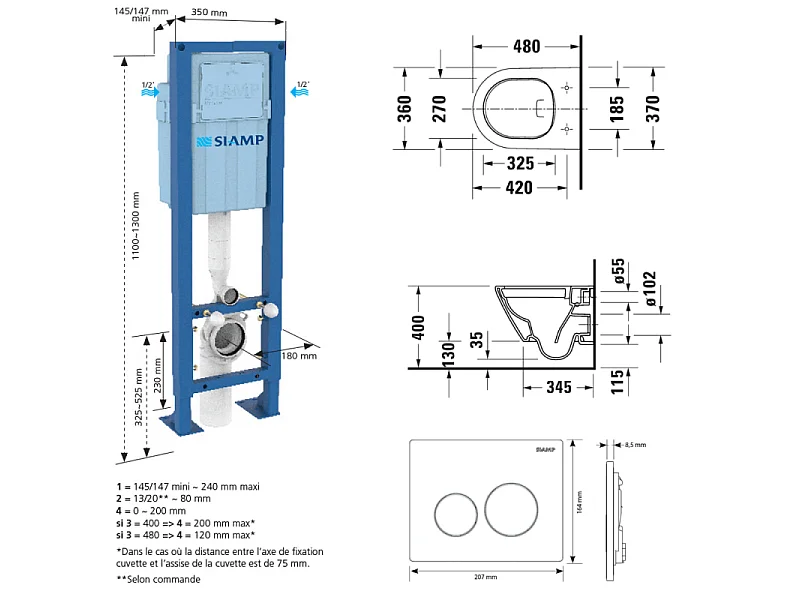 Pack cuvette WC suspendu sans bride compact DURAVIT D-NEO + abattant frein de chute + bâti-support SIAMP + plaque noire