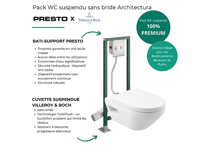 Pack WC suspendu sans bride VILLEROY&BOCH Architectura Twistflush rond + Abattant + Bâti-support autoportant PRESTO + Plaque