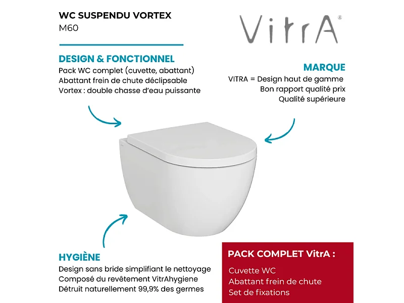 Cuvette WC suspendu sans bride VitrA M60 Vortexflush blanc avec abattant frein de chute