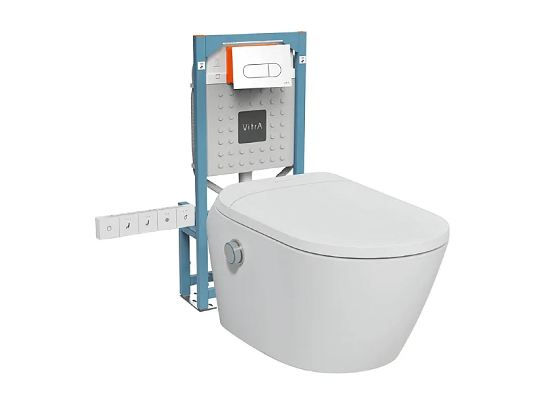 Pack WC lavant suspendu sans bride avec abattant et attentes électriques VitrA V-Care Ultra blanc + bâti autoportant V-Fix Easy + plaque blanche