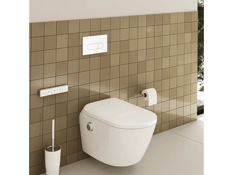 Pack WC lavant suspendu sans bride avec abattant et attentes électriques VitrA V-Care Ultra blanc + bâti autoportant V-Fix Easy + plaque blanche