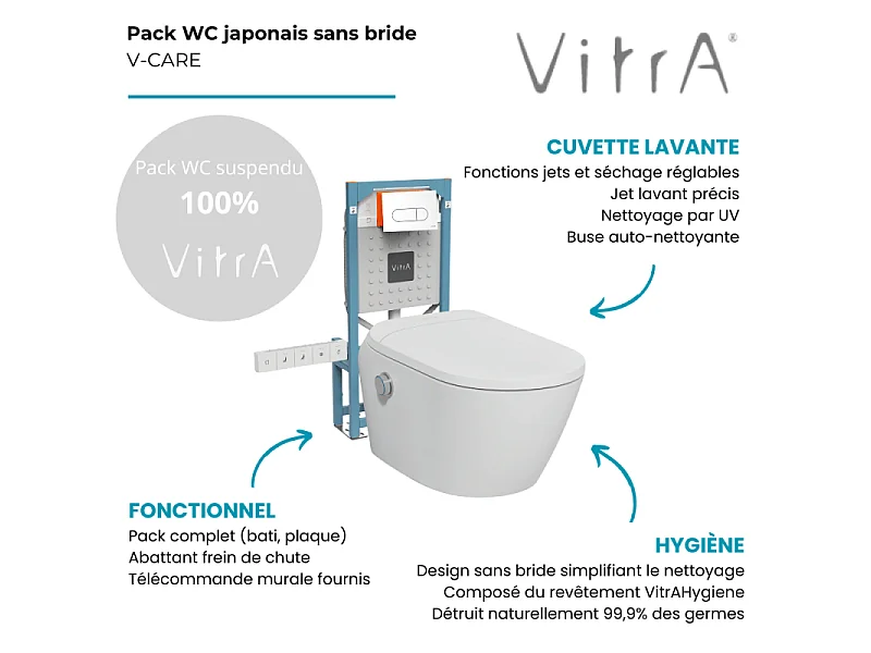 Pack WC lavant suspendu sans bride avec abattant et attentes électriques VitrA V-Care Ultra blanc + bâti autoportant V-Fix Easy + plaque blanche