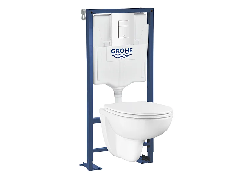 Pack WC suspendu sans bride GROHE Bau ceramic + Bâti support Solido + abattant + plaque carré blanc alpin