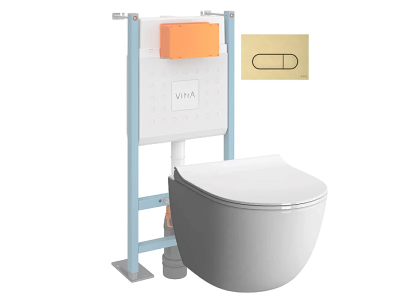 Pack WC suspendu VitrA Sento blanc brillant + bâti autoportant V-Fix Core + Plaque Round or brossé