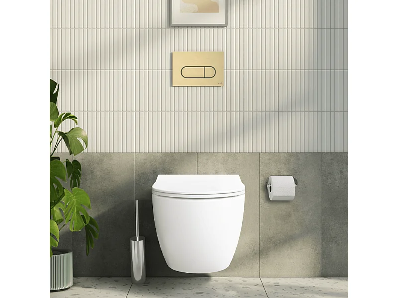 Pack WC suspendu VitrA Sento blanc brillant + bâti autoportant V-Fix Core + Plaque Round or brossé