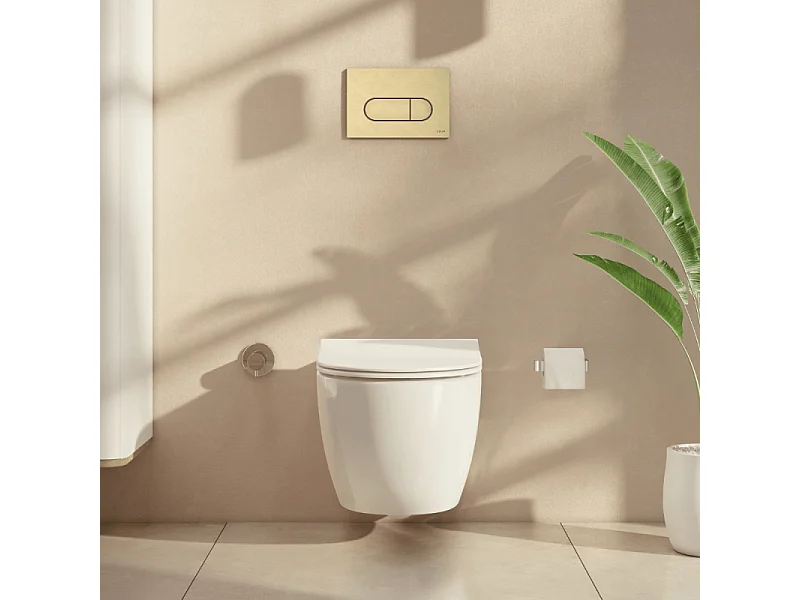 Pack WC suspendu VitrA Sento blanc brillant + bâti autoportant V-Fix Core + Plaque Round or brossé