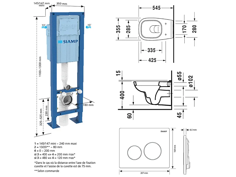 Pack cuvette WC suspendu DURAVIT D-CODE + abattant frein de chute + bâti-support SIAMP + plaque noire