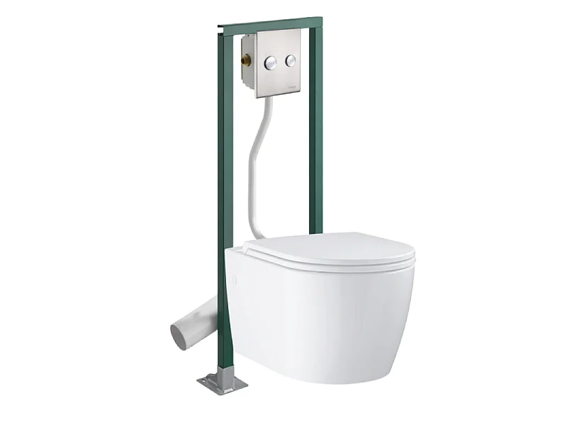 Pack WC suspendu sans bride GROHE Start Round + Abattant frein de chute + Bâti-support autoportant PRESTO + Plaque chromée
