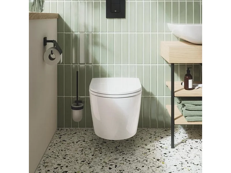 Pack WC suspendu sans bride GROHE Start Round + Abattant frein de chute + Bâti-support autoportant PRESTO + Plaque chromée