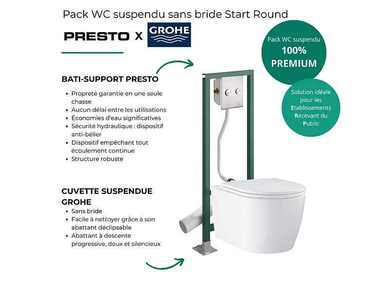 Pack WC suspendu sans bride GROHE Start Round + Abattant frein de chute + Bâti-support autoportant PRESTO + Plaque chromée