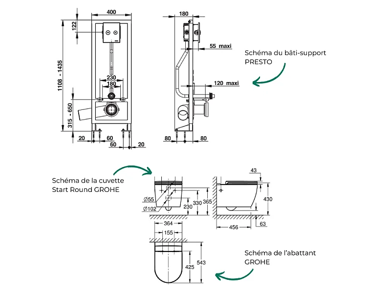 Pack WC suspendu sans bride GROHE Start Round + Abattant frein de chute + Bâti-support autoportant PRESTO + Plaque chromée