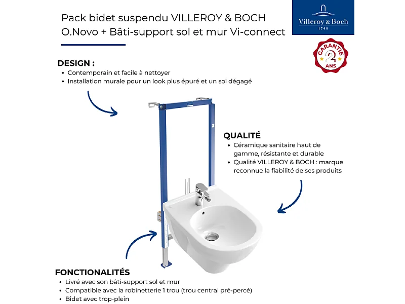 Pack bidet suspendu VILLEROY & BOCH O.Novo + Bâti-support sol et mur Vi-connect