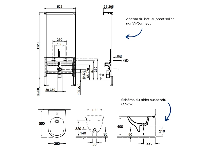 Pack bidet suspendu VILLEROY & BOCH O.Novo + Bâti-support sol et mur Vi-connect