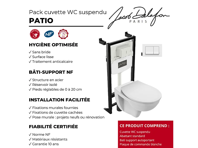 Pack cuvette WC suspendu sans bride JACOB DELAFON Patio avec abattant + bâti support + plaque
