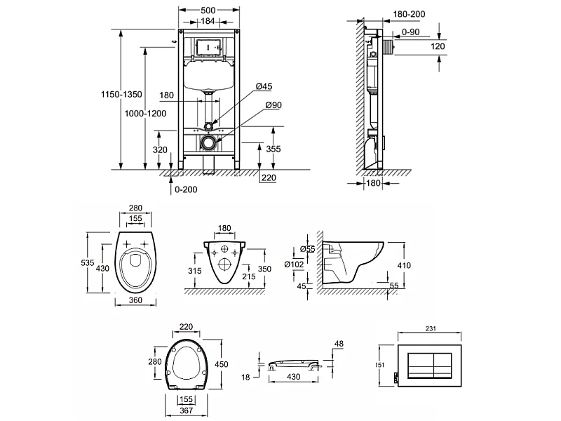 Pack cuvette WC suspendu sans bride JACOB DELAFON Patio avec abattant + bâti support + plaque