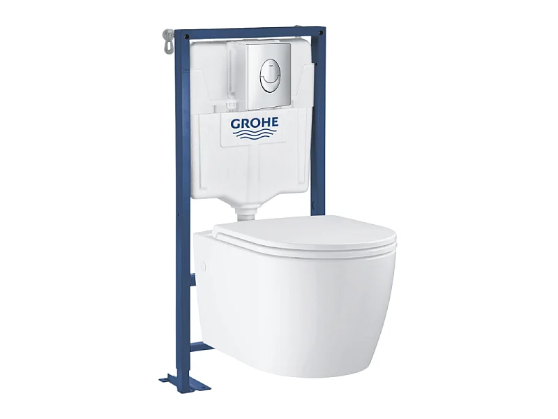 Pack WC suspendu sans bride Start Round Ceramic + Abattant frein de chute + Bâti support autoportant + Plaque de commande chromé