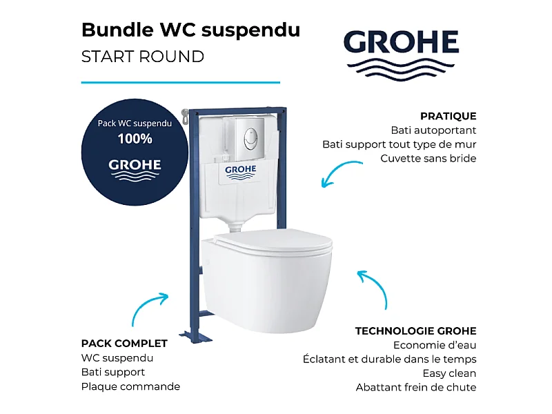 Pack WC suspendu sans bride Start Round Ceramic + Abattant frein de chute + Bâti support autoportant + Plaque de commande chromé